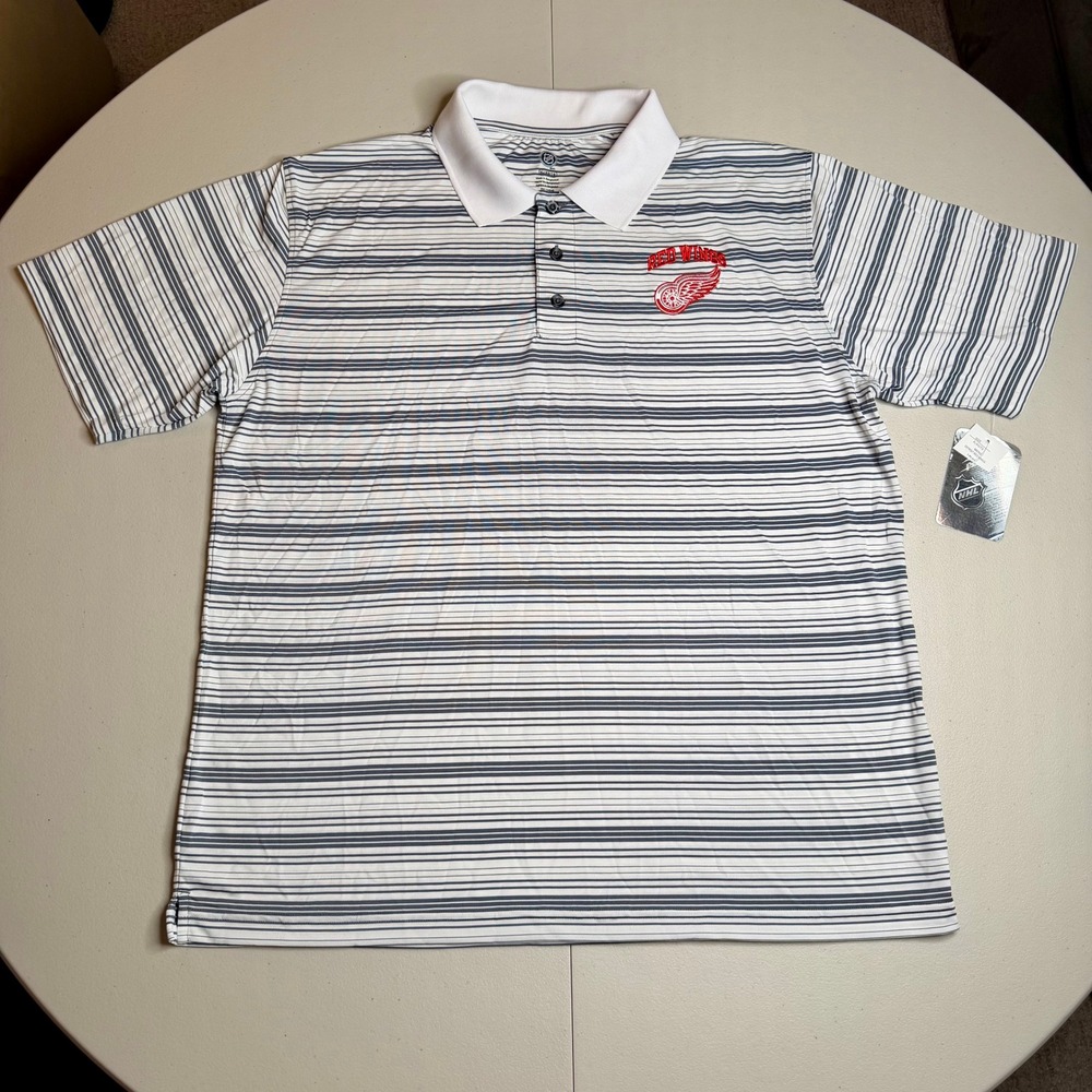 NHL Detroit Red Wings Mens XL Polo Shirt White Grey Striped Short Sleeve New